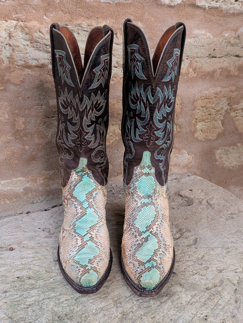 Women’s Vintage 1883 Luchesse Snake-Skin Cowboy Boots in Brown and Turquoise